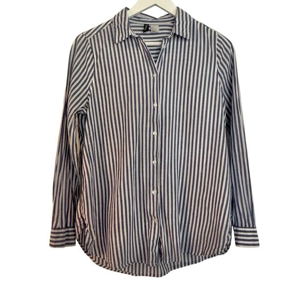 Ann Taylor factory blue striped cotton button down M - Picture 1 of 9